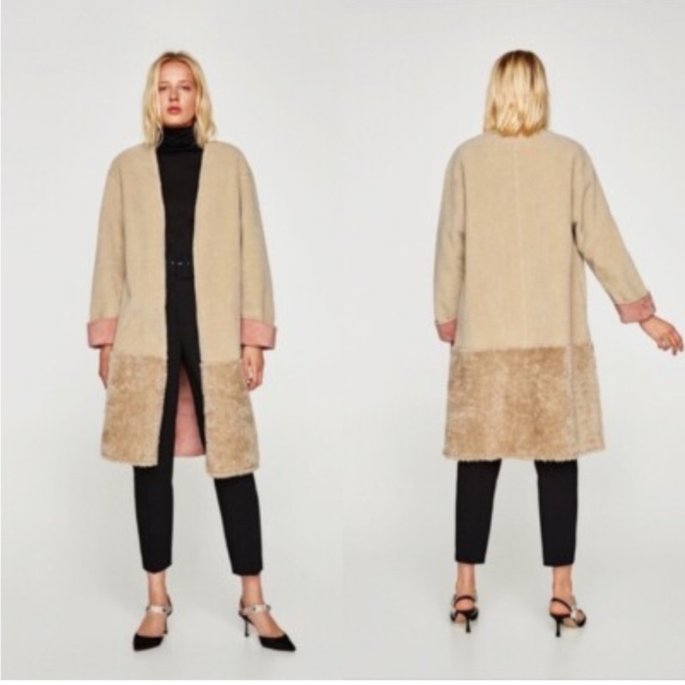 ZARA Beige and Pink Faux Fur Shearling Open Mid Length Front Coat Outerwear